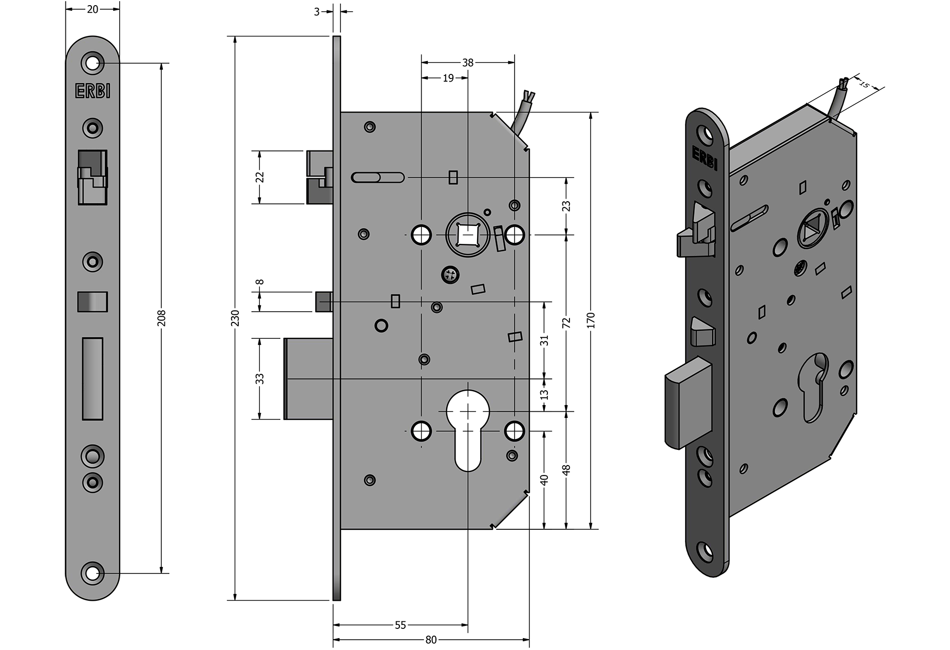 Zámečnický produkt Samozamykací zámek elektromechanický ERBI SAM EL 72/55