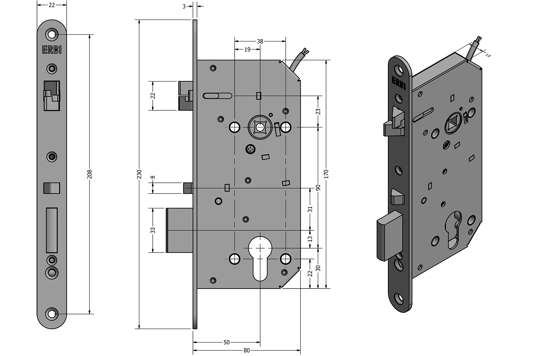 Zámečnický produkt Samozamykací zámek elektromechanický ERBI SAM EL P 90/50