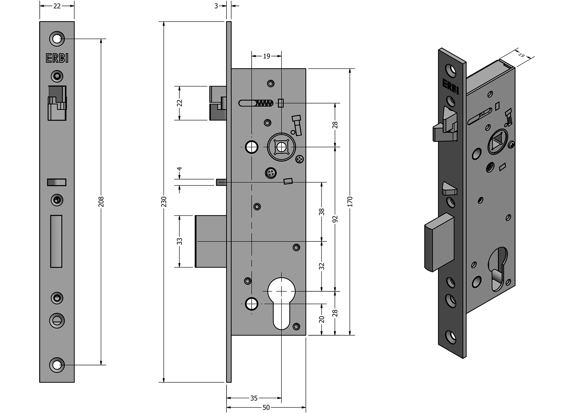 Zámečnický produkt Samozamykací zámek ERBI SAM ME 92/35, mechanický