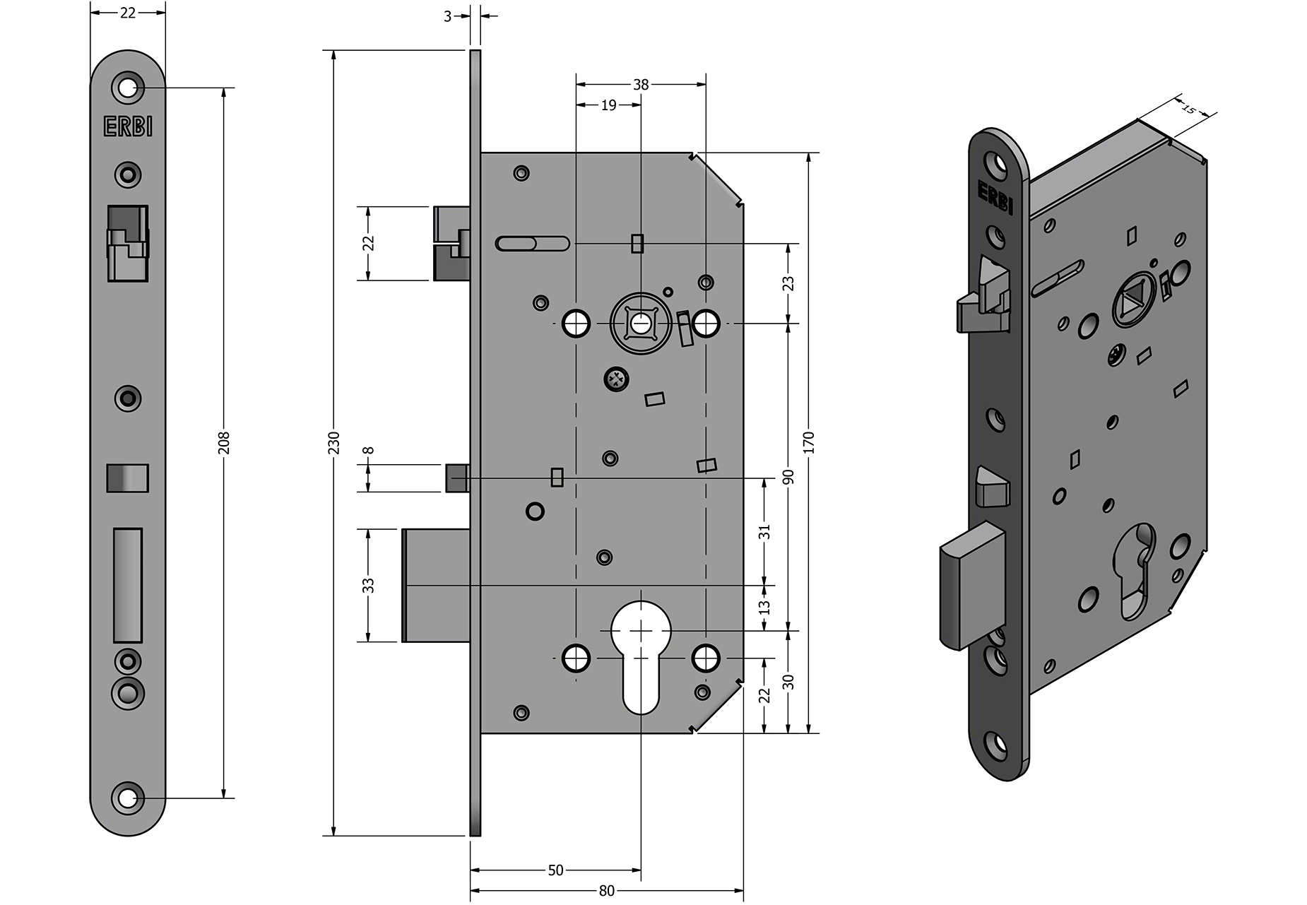 Zámečnický produkt Samozamykací zámek ERBI SAM ME 90/50mm, mechanický