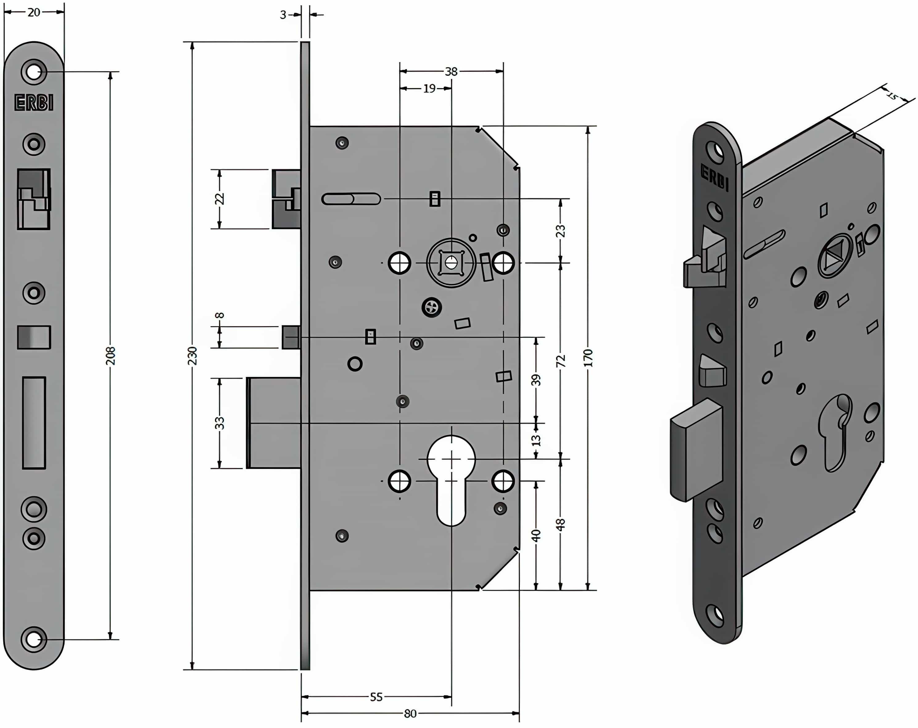 Zámečnický produkt ERBI samozamykací zámek mechanický MB 72/55