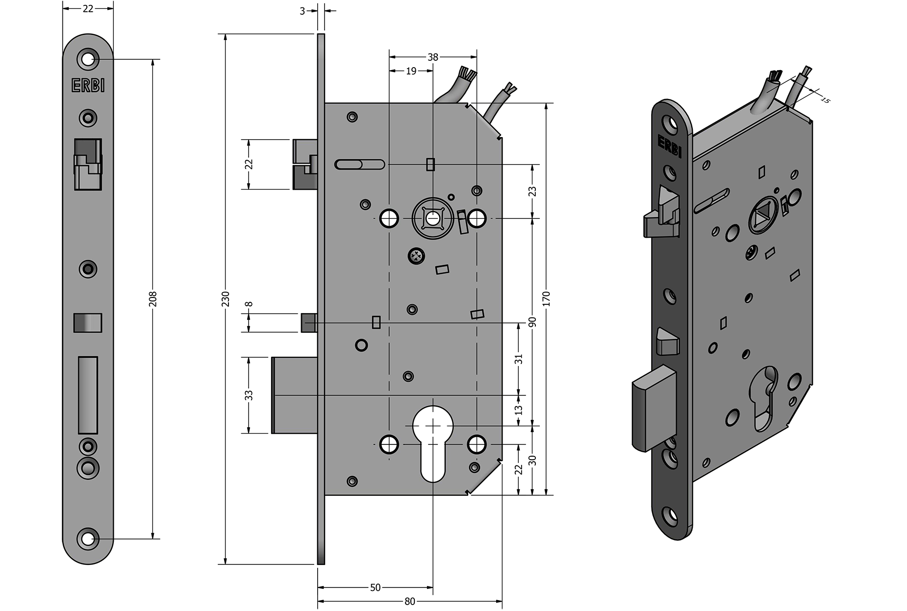 Zámečnický produkt ERBI samozamykací zámek elektromechanický SAM REV MI P 90/50